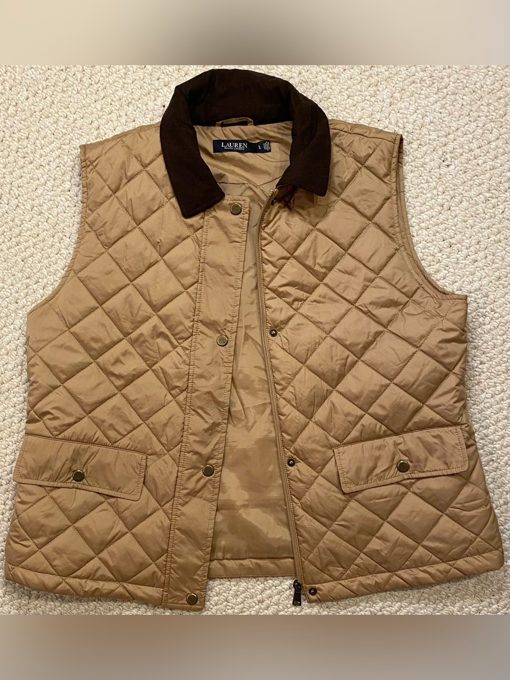 Lauren Ralph Lauren Womens Large Vest Jacket. Quilted. Lined. Corduroy Collar